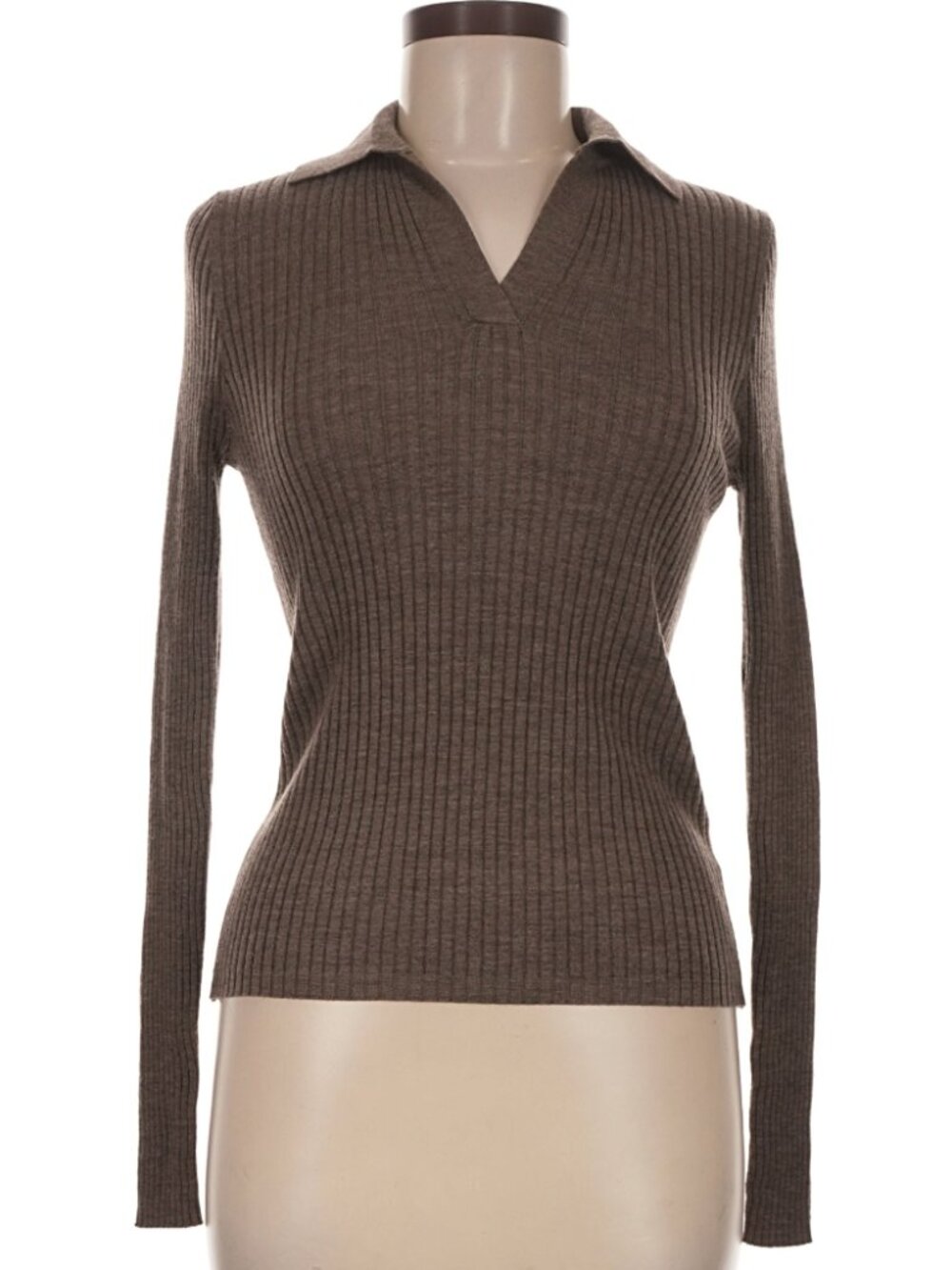100% Wool Ribbed Collared Pullover Sweater Taupe Slim Fit XS / S Fine Knit Top